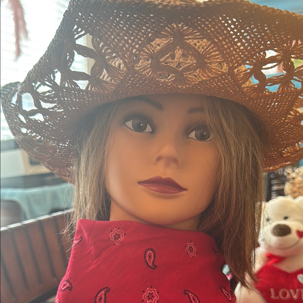 Brown Woven Cowboy Hat with Red Bandana